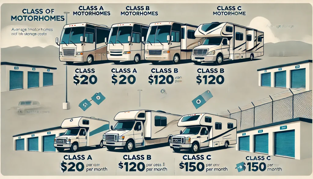 Cost of different class Motorhomes at storage facility