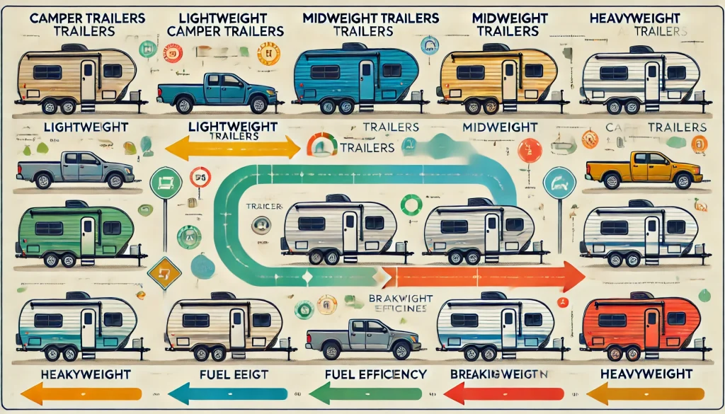 Types of different camper trailers with different lifting capacity.