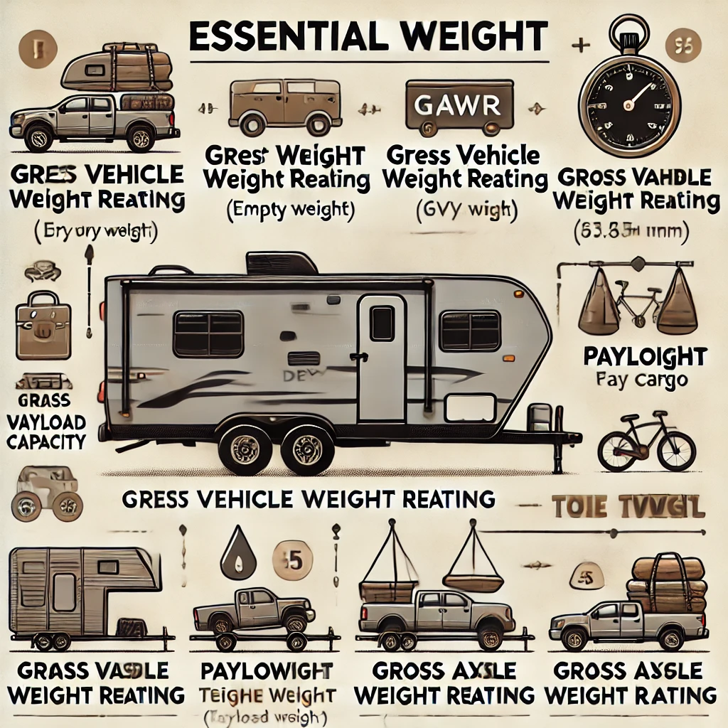 Multiple important heavy weighs for a camper trailer.