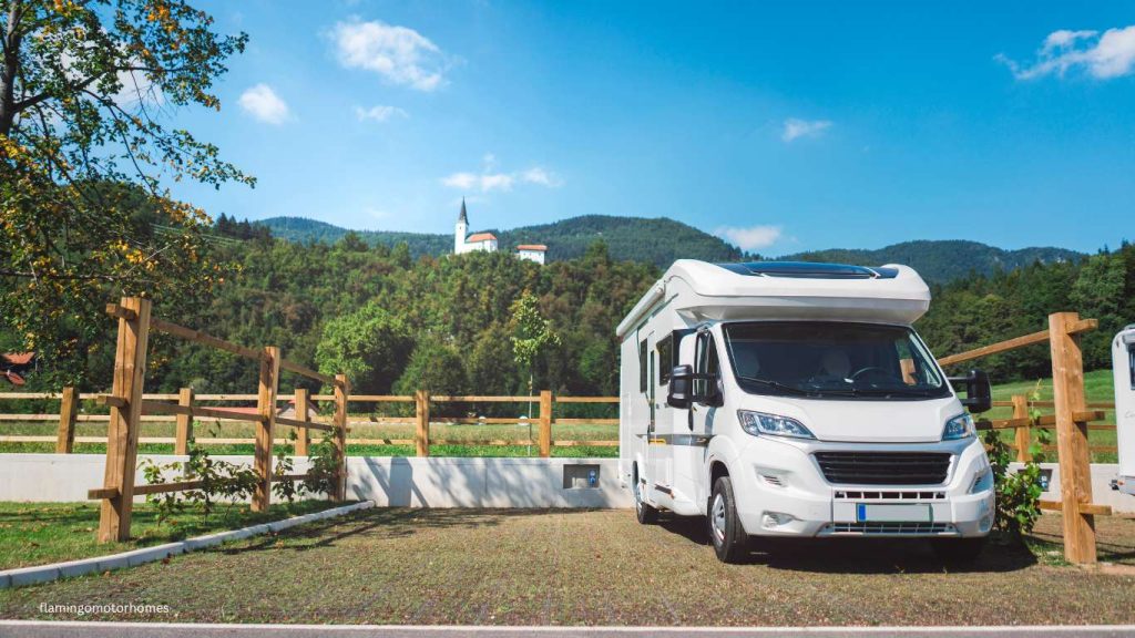 Motorhome parked at preowned location.