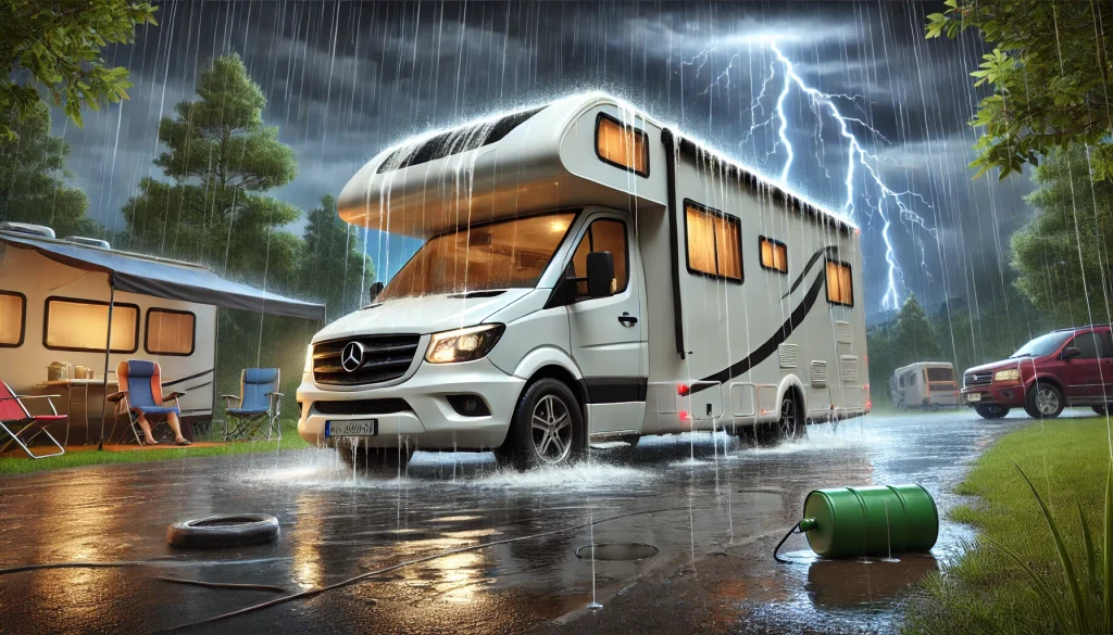 Class A motorhome under Thunder storm.