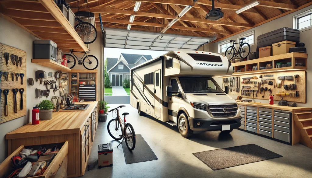 Motorhome stored inside garage of a American House