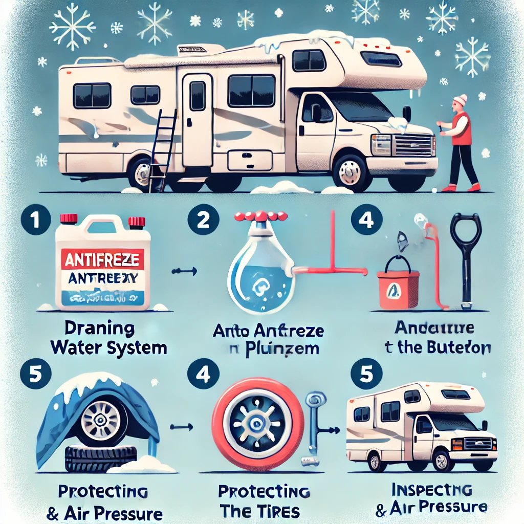 Different steps for winterizing a Motorhome.