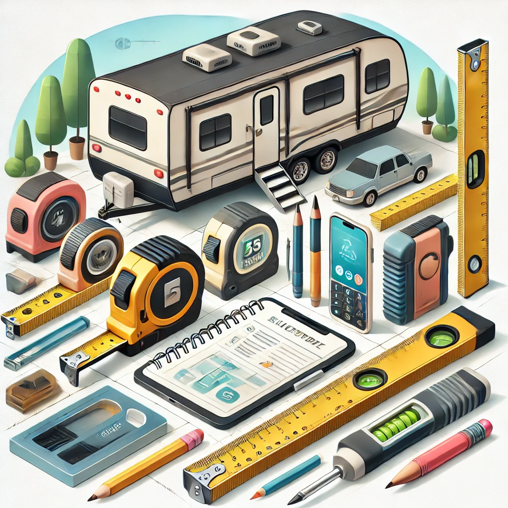 tools needed for measuring the dimensions of a travel trailer precisely.